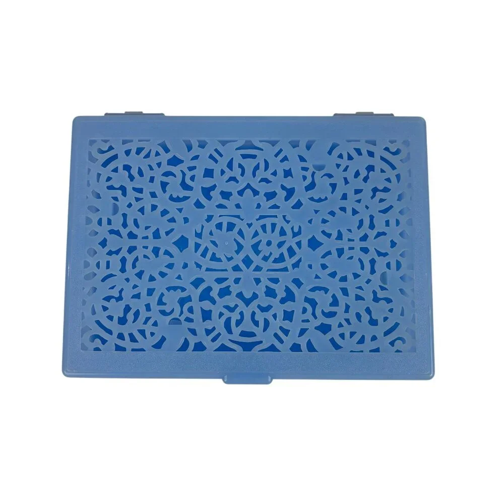 Vintage 60s Plastic Storage Box Baby Blue Cutwork Top Vanity Jewelry Trinkets